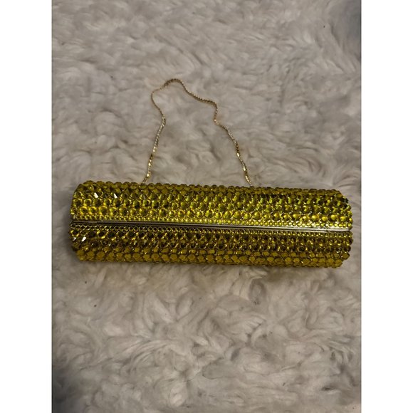 Gold Rhinestone Encrusted Barrel Shaped Clutch Purse Formal Prom